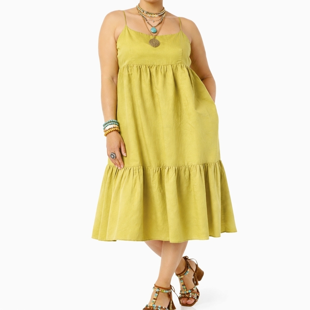 Goodthreads XL Linen Blend Tiered Dress Boho Chartreuse Back Tie
